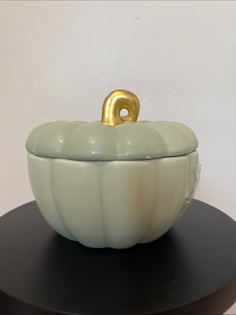 Ceramic Pumpkin Trinket Box/bowl with Gold Stem - Sage Green